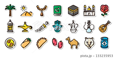 サウジアラビアの手描きイラストステッカーセット　文化と伝統のベクター素材 133235953