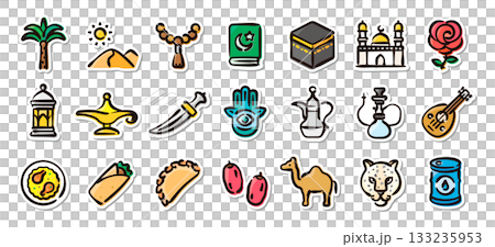 サウジアラビアの手描きイラストステッカーセット　文化と伝統のベクター素材 133235953
