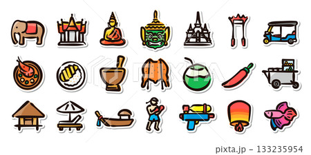 タイの文化と名物の手描きイラストステッカーセット　旅行や観光向けベクター素材 133235954