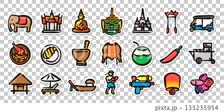 Hand-drawn illustration sticker set of Thai culture and specialties. Vector material for travel and tourism. Hand-drawn illustration sticker set of Thai culture and specialties. Vector material for travel and tourism. 133235954