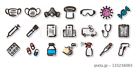 医療と感染症対策の手描きイラストステッカーセット　病院、衛生、診療に関するベクター素材 133236065