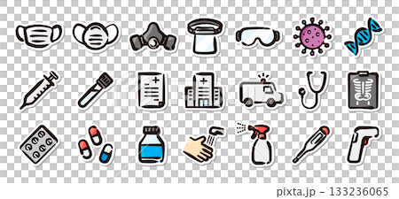 医療と感染症対策の手描きイラストステッカーセット　病院、衛生、診療に関するベクター素材 133236065