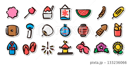 日本の夏祭りの手描きイラストステッカーセット 縁日、盆踊り、花火大会、夏の風物詩のベクター素材 日本の夏祭りの手描きイラストステッカーセット 縁日、盆踊り、花火大会、夏の風物詩のベクター素材 133236066