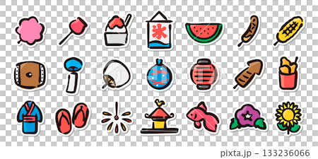 一組手繪風格的日本夏季祭典插畫貼紙。包含祭典、盂蘭盆舞、煙火表演和其他夏季傳統活動的向量素材。 133236066