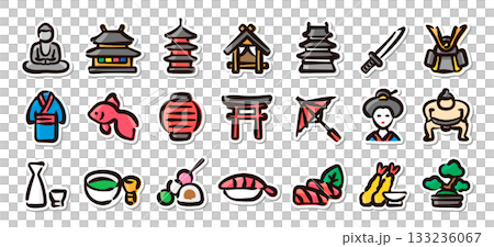 A set of hand-drawn illustration stickers of traditional Japanese culture. Vector materials of customs, history, food, architecture, and events. 133236067