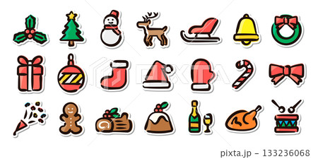 クリスマスの手描きイラストステッカーセット　イベント、販促、装飾用ベクター素材 133236068