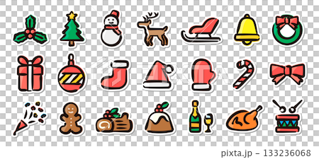 クリスマスの手描きイラストステッカーセット　イベント、販促、装飾用ベクター素材 133236068