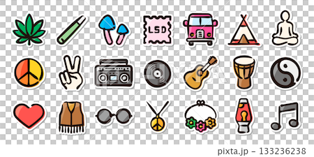 Hippie culture hand drawn illustration sticker set 133236238