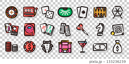カジノとギャンブルの手描きイラストステッカーセット　ゲーム、賭け、エンタメのベクター素材 133236239