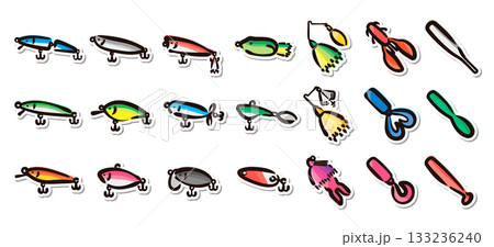ルアー、釣り道具の手描きイラストステッカーセット　ハードルアーとソフトルアーのベクター素材 133236240