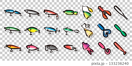 ルアー、釣り道具の手描きイラストステッカーセット　ハードルアーとソフトルアーのベクター素材 133236240