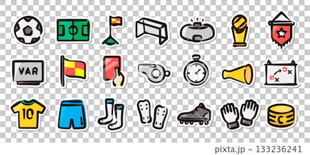 Soccer and football hand-drawn illustration sticker set. Vector materials for promotions, educational materials, and information. 133236241