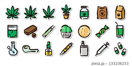 大麻、マリファナ製品の手描きイラストステッカーセット　グッズや食品、CBD関連のベクター素材 133236253