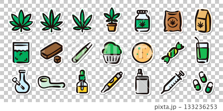 大麻、マリファナ製品の手描きイラストステッカーセット　グッズや食品、CBD関連のベクター素材 133236253