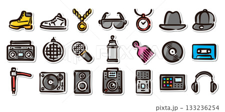 ヒップホップカルチャーの手描きイラストステッカーセット 133236254