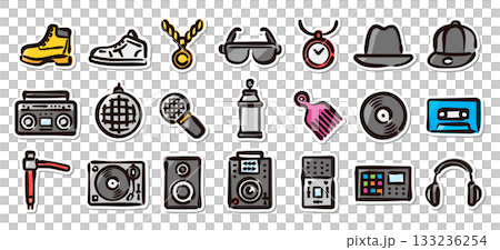 ヒップホップカルチャーの手描きイラストステッカーセット 133236254