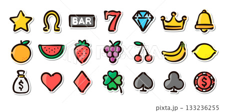 カジノ、スロットマシンの手描きイラストステッカーセット カジノ、スロットマシンの手描きイラストステッカーセット 133236255