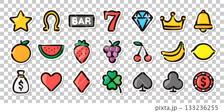 カジノ、スロットマシンの手描きイラストステッカーセット カジノ、スロットマシンの手描きイラストステッカーセット 133236255