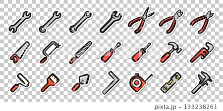 Hand-drawn illustration sticker set of tools and work tools. Vector material for maintenance, repair, and DIY tools. 133236261