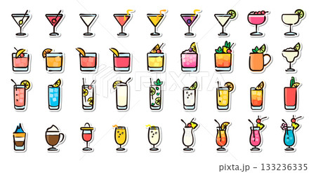 カクテルの手描きイラストステッカーセット　バー、ホテル、ナイトクラブ素材 133236335