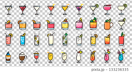 雞尾酒手繪插畫貼紙套裝，適用於酒吧、飯店和夜總會 133236335