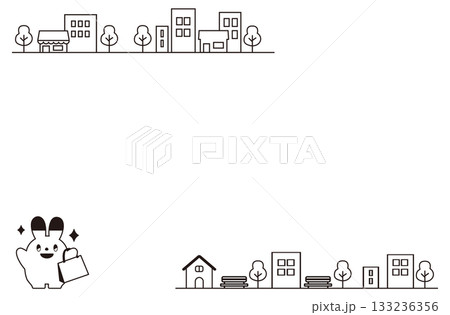 バンザイをする買い物うさぎと街のフレーム（モノクロ） 133236356