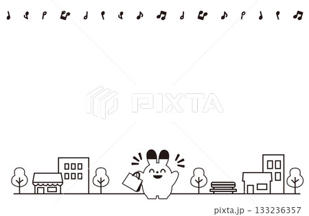 バンザイをする買い物うさぎと街のフレーム（モノクロ） 133236357