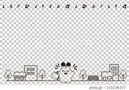 バンザイをする買い物うさぎと街のフレーム（モノクロ） 133236357