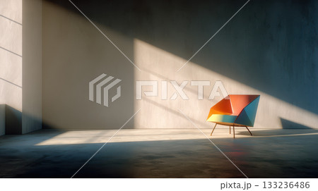 Colorful geometric chair minimalist room sunlight shadow modern interior design 133236486