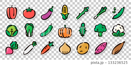 手繪蔬菜插圖貼紙套裝 - 適用於烹飪、農業和食品教育的向量素材 133236525