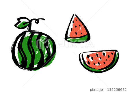 筆タッチのスイカの手描きのイラストセット 筆タッチのスイカの手描きのイラストセット 133236682