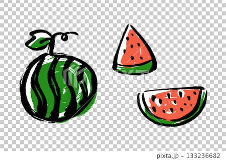 筆タッチのスイカの手描きのイラストセット 筆タッチのスイカの手描きのイラストセット 133236682