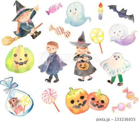 水彩で描いたハロウィンのイラストセット　ベクター 133236855