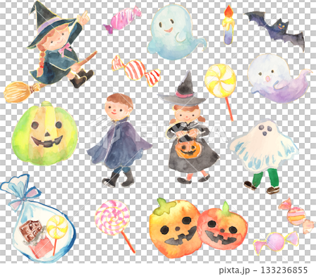 水彩で描いたハロウィンのイラストセット　ベクター 133236855