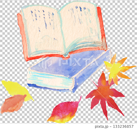 水彩で描いた本と紅葉のイラスト　読書の秋 133236857