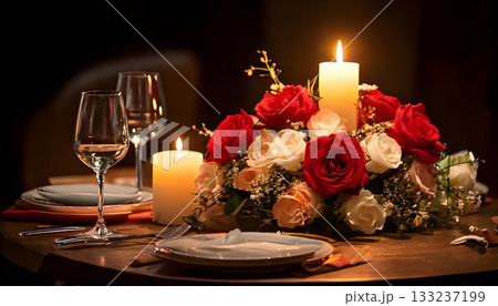 赤いバラとキャンドルとグラス 133237199