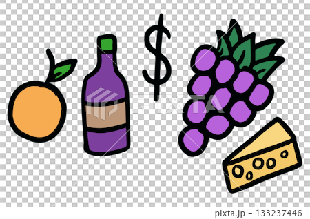 Cute hand drawn illustrations of orange, drink bottle, grape, cheese for decoration, fruit, vegan, food, grocery shopping, snack, drinks, stickers, icon, cute patch, brooch, cook book, kitchen, cafe Cute hand drawn illustrations of orange, drink bottle, grape, cheese for decoration, fruit, vegan, food, grocery shopping, snack, drinks, stickers, icon, cute patch, brooch, cook book, kitchen, cafe 133237446