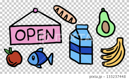 Cute hand drawn illustrations of OPEN sign, apple, fish, milk box, bread loaf, avocado, banana for supermarket, grocery shopping, mart, stickers, food, fruit, bakery, pastry, vegan, breakfast, snack Cute hand drawn illustrations of OPEN sign, apple, fish, milk box, bread loaf, avocado, banana for supermarket, grocery shopping, mart, stickers, food, fruit, bakery, pastry, vegan, breakfast, snack 133237448