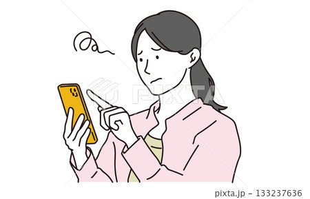 困り顔でスマホを操作する女性のイラスト素材 困り顔でスマホを操作する女性のイラスト素材 133237636