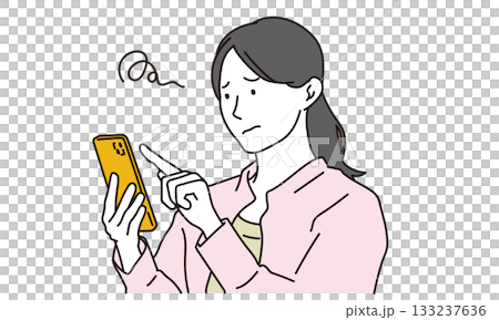 Illustration material of a woman operating a smartphone with a troubled face 133237636