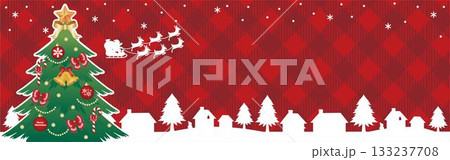 クリスマスの横長バナーイラスト、ツリーとサンタのソリ、コピースペース 133237708