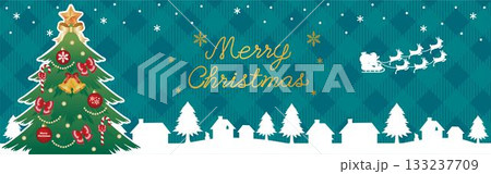 クリスマスの横長バナーイラスト、ツリーとサンタのソリ、コピースペース 133237709