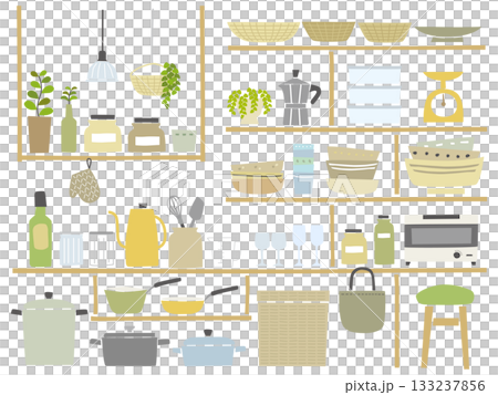 ナチュラルカラーのキッチンアイテムイラストセット ナチュラルカラーのキッチンアイテムイラストセット 133237856