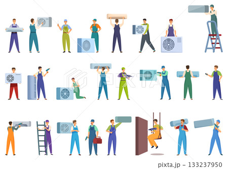 Air conditioner installer icons set cartoon vector. Service house Air conditioner installer icons set cartoon vector. Service house 133237950
