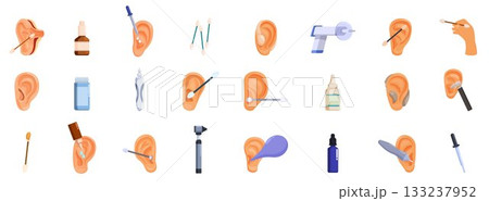 Ear canal cleaning icon set. Ear cleaning tools and methods for maintaining ear hygiene Ear canal cleaning icon set. Ear cleaning tools and methods for maintaining ear hygiene 133237952