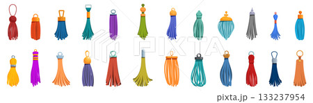 Tassel fringe icons set. Set of colorful tassels for fashion designing showing different shapes and styles 133237954