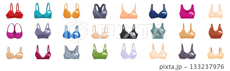 Nursing bra icons set. Nursing bra collection presenting various colors and models Nursing bra icons set. Nursing bra collection presenting various colors and models 133237976