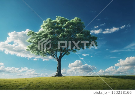 晴天の草原に立つ一本の大樹、青空と雲が広がる癒しの自然風景イラスト素材 133238166