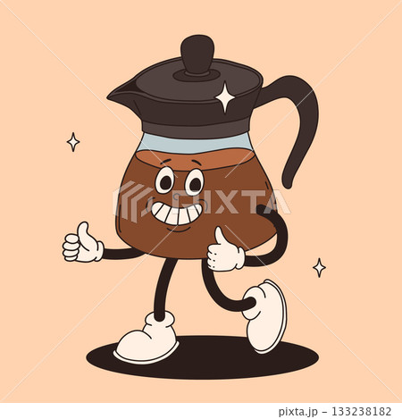 Funky groovy cartoon character Coffee sticker. Vintage funny mascot with psychedelic smile and emotion. Design art for cafe, bar, restaurant. Comic trendy vector illustration 70s 80s 90s style Funky groovy cartoon character Coffee sticker. Vintage funny mascot with psychedelic smile and emotion. Design art for cafe, bar, restaurant. Comic trendy vector illustration 70s 80s 90s style 133238182