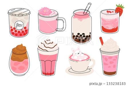 Collection of drinks for Valentine's Day. Mug with coffee, cocoa, hot chocolate, cream, bubble tea, strawberry milk with hearts, cherry cocktail, latte, love potion. Hot and cold beverages Collection of drinks for Valentine's Day. Mug with coffee, cocoa, hot chocolate, cream, bubble tea, strawberry milk with hearts, cherry cocktail, latte, love potion. Hot and cold beverages 133238183